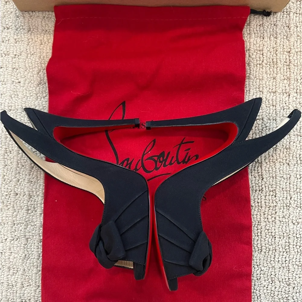 Christian Louboutin Slingback Open-toe Heels with Bows, Black and size 37.5